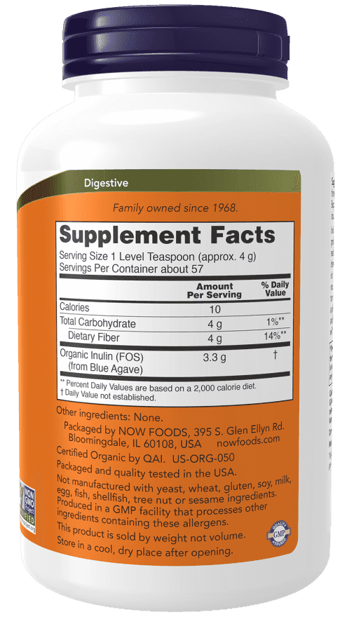 Now Inulin Prebiotic Pure Powder, Organic 227 g Now Inulin Prebiotic Pure Powder, Organic 227 g